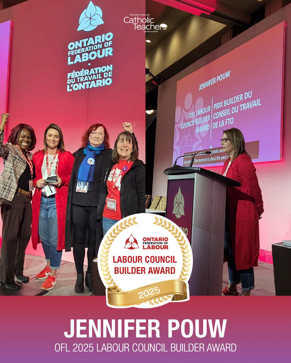 OECTAProv's tweet image. A well deserved congratulations to Dufferin-Peel Secondary President Jennifer Pouw, who has won an OFL Labour Council Builder Award for her work on the Peel Region Labour Council!

#CatholicTeachers know the importance of solidarity across all of #OnLab! #OFL2025