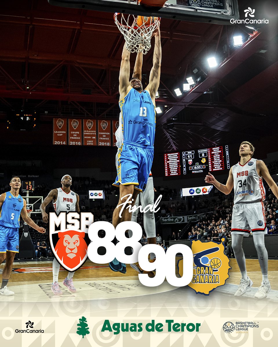 GranCanariaCB's tweet photo. 🏀 Final: 

🟠 Le Mans Sarthe Basket 88
🐥 Dreamland Gran Canaria 90

🔥 #VamosGranca | @BasketballCL https://t.co/j2uEckEEzr