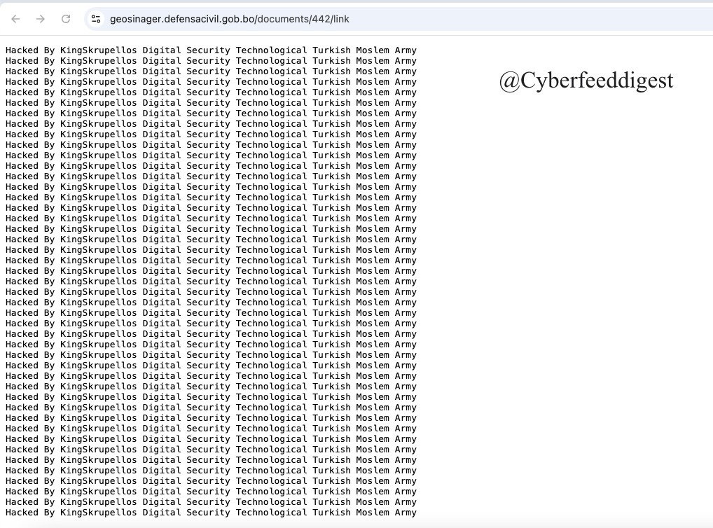 cyberfeeddigest's tweet image. 🇧🇴⚠️ #Bolivian Gov Site #Defaced

A governmental website — geosinager.defensacivil.gob[.]bo/documents/442/link — was #Hacked by KingSkrupellos Digital Security Technological #Turkish Moslem Army.