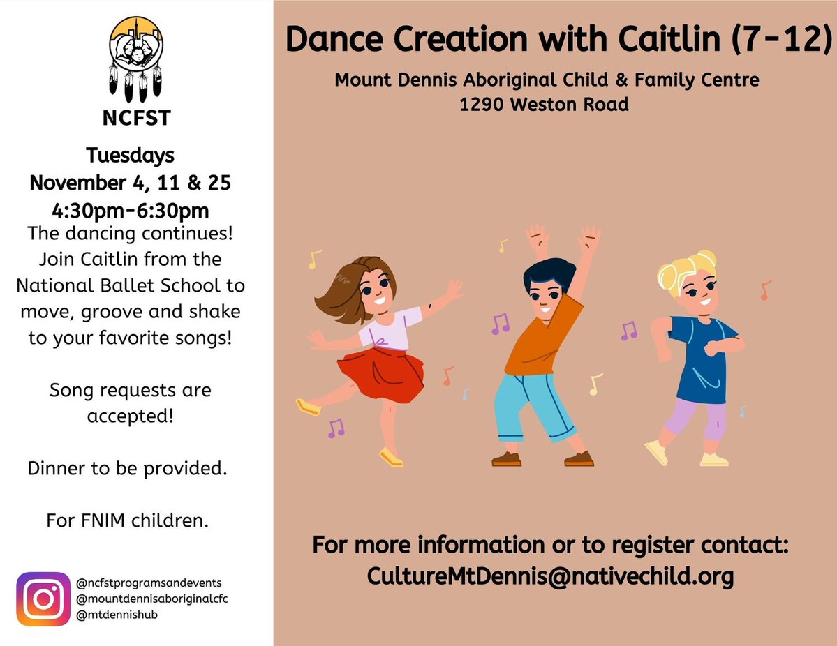FNIM children between the ages of 7-12 years old are invited to the Mount Dennis Hub to move and groove to their favourite songs!

For more information or to register, please contact CultureMtDennis@nativechild.org or visit the hub!

@mountdennisaboriginalcfc