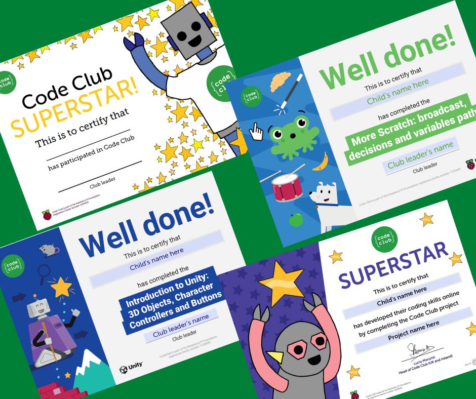 CodeClubAus's tweet image. There is such a great range of certificates available in your dashboard to choose from.  Whether you are celebrating a learning pathway completion, acknowledging a new skill learned, or celebrating the end of the term, there is something to choose from!  Located in your dashboard