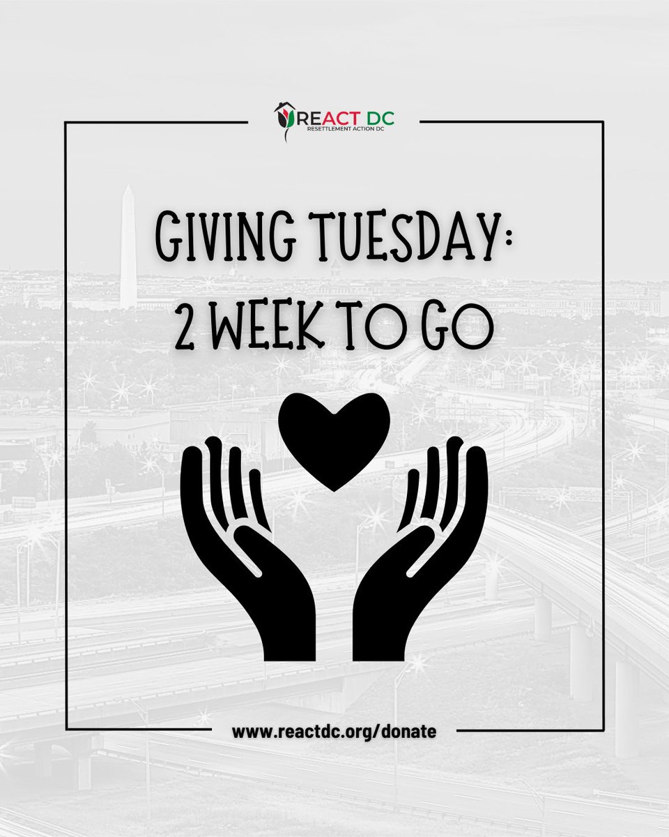 reactdcorg's tweet image. 2 Weeks to Go

⏳ 2 Weeks Until #GivingTuesday!
Housing, jobs, legal aid, mentorship—your gift gives refugees the tools to thrive. 💛
Be the reason someone gets a fresh start: reactdc.org/donate

#RefugeeSupport #REACTDC