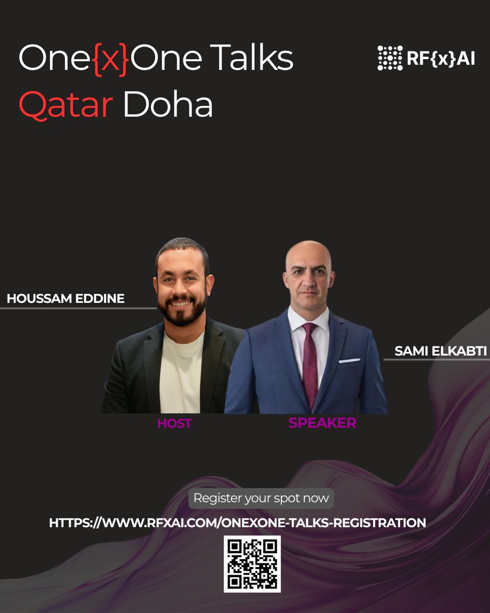 One{x}One Talks 
Join Houssam Eddine &amp; Sami Elkabti for an exclusive session on leadership, growth, and the future of innovation in Qatar.
 Register now: 
rfxai.com/onexone-talks-…

#RFxAI #OneXOneTalks #Qatar #Doha #Leadership #Innovation