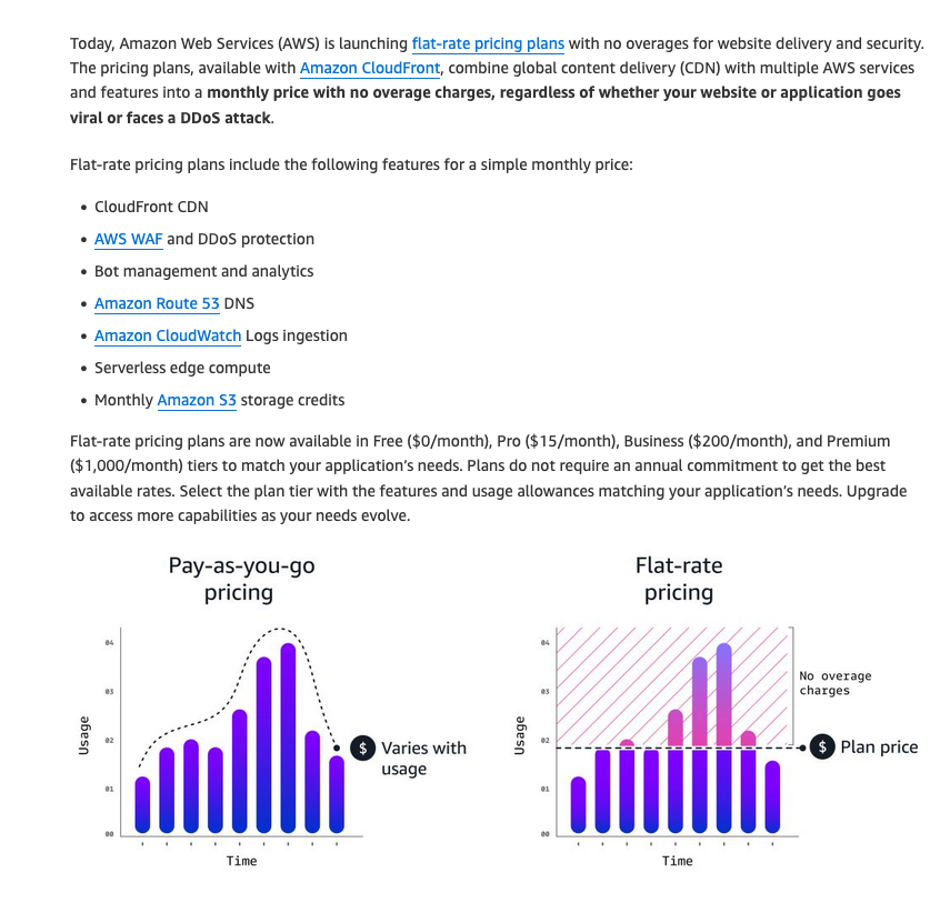 astuyve's tweet image. NEW – AWS introduces flat-rate plans for CDNs, serverless edge compute, WAF, and logs so that you don&apos;t get those insane serverless bills if your app goes viral or is DDOSed.

I presume some throttling or performance limits are in place (like unlimited data plans)?