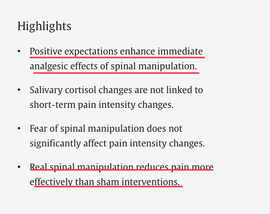 Relative contribution of real/sham spinal manipulation performance, changes in cortisol levels, and patient expectations and fear behaviors in modulating short-term pain relief in people with neck pain: A secondary analysis of a randomized clinical trial

sciencedirect.com/science/articl…