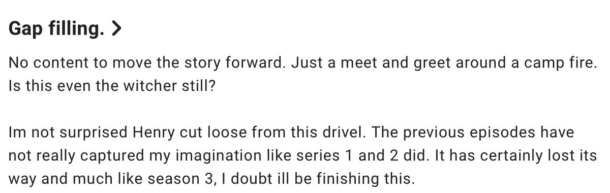 astaldis's tweet photo. Another ridiculous 1/10 'review'. Imagine what those Cavill stans would think of the #Witcher books if they ever read them - pages upon pages of meet and greet around a camp fire. It's what makes Baptism of Fire good.#thehansa #hanza #witchernetflix #baptismoffire #s4e5 #fishsoup https://t.co/K4UWFlaarH