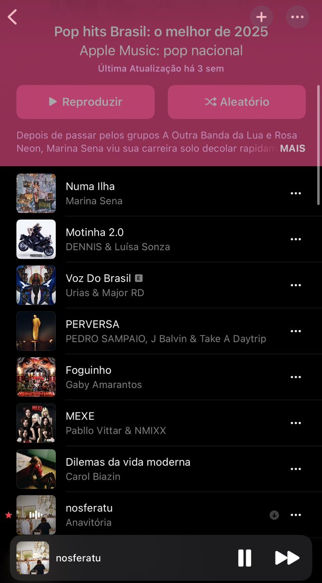 oanavitlovers's tweet image. “nosferatu” está em #8 na playlist “Pop hits Brasil: o melhor de 2025” do Apple Music.