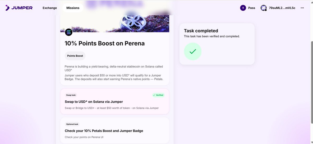 The <a href="/perena/">Perena (Intern Takeover Arc)</a> team has officially partnered with <a href="/JumperExchange/">Jumper</a>, and they’re rewarding every user who deposits $50+ into USD* through Jumper with an exclusive Jumper badge.

For the culture, I just minted some USD* using $USDT.

The perks make it worth it:

&gt; You earn Petals
&gt; All