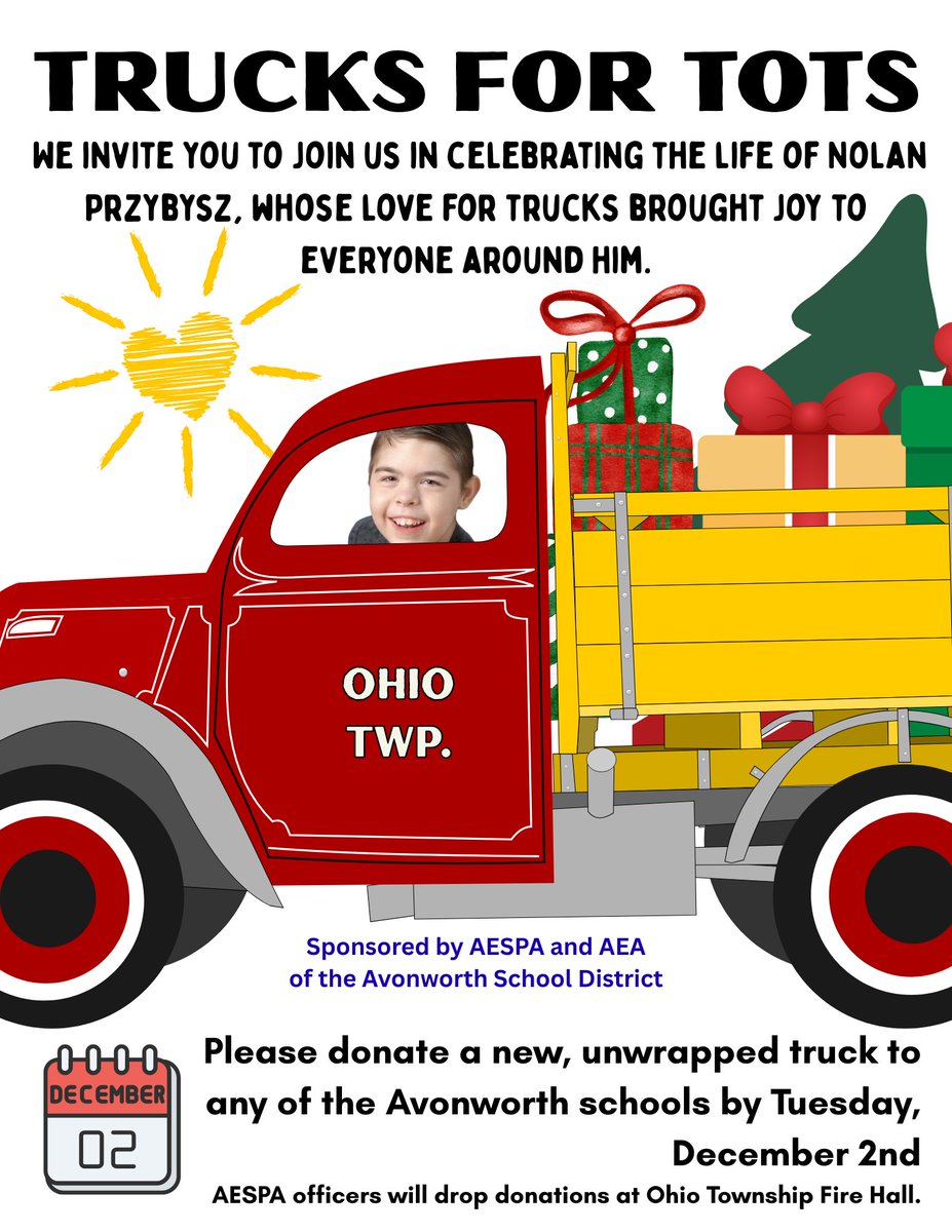 The Avonworth School District community is invited to take part in Trucks for Tots, a special service project held in loving memory of Nolan Przybysz. 
avonworth.k12.pa.us/default-board-…