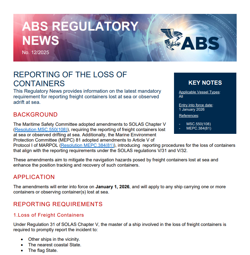 The mandatory requirement for reporting freight containers lost at sea or observed adrift at sea is the subject of our latest ABS Regulatory News.

Read here: ww2.eagle.org/content/dam/ea…
🌐
Stay informed by reading this ABS Regulatory News and learn how to prepare for compliance.
🌐
