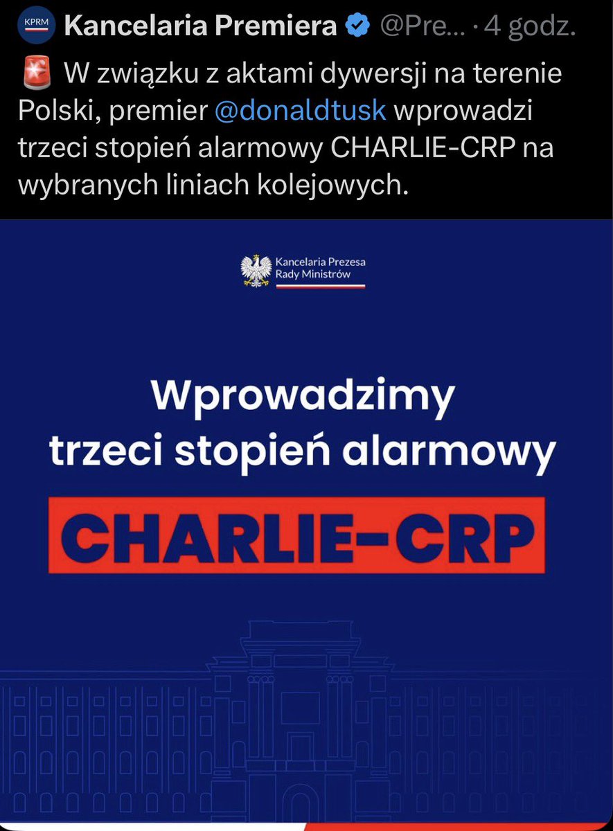 Charlie CRP to stopień alarmowy w cyberprzestrzeni.

Wygląda na to, że KPRM pomylił stopnie alarmowe.

Potem D. Tusk urządza opozycji połajanki o "dezinformacji".

Panie premierze - zacząłbym od bajzlu na własnym podwórku.
