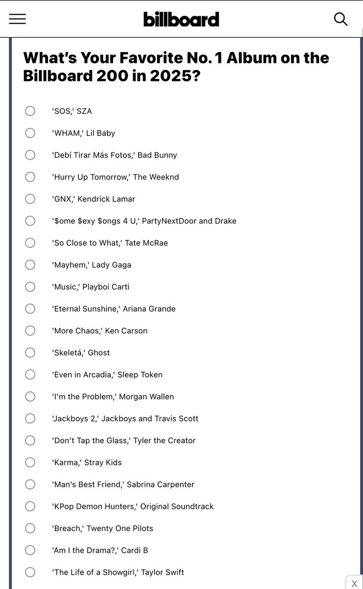 energysavingm0d's tweet image. Looks like Billboard has a poll to vote on your favorite No. 1 album on the BB200 this year, including KARMA!

billboard.com/music/music-ne…