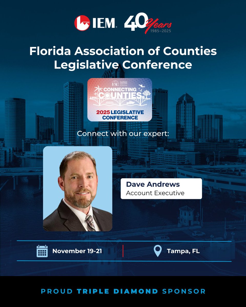 IEMNews's tweet image. We’re excited to be a Triple 💎 Sponsor at the @FLCounties Legislative Conference!

#TeamIEM David Andrews looks forward to participating in discussions on issues affecting our counties &amp;amp; communities. Together, we will support the future of counties across the #SunshineState 🌴!