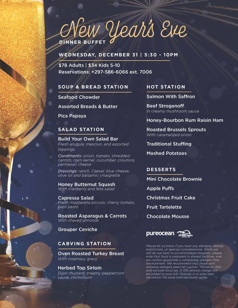 Ring in 2026 with an unforgettable New Year’s Eve Dinner Buffet at pureocean Restaurant at Divi Aruba Phoenix Beach Resort! 🥂🎆

📅 Wednesday, December 31 | 5:30–10 PM
💵 $78 Adults | $34 Kids (ages 5–10)
📞 Reservations: +297-586-6066 ext. 7006