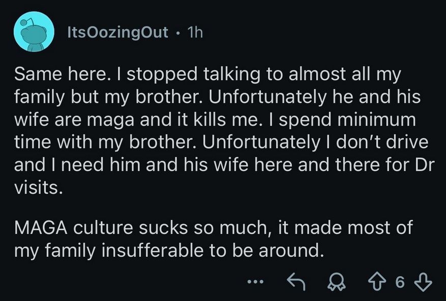 reddit_lies's tweet image. &quot;I hate my brother because he&apos;s MAGA, but I don&apos;t drive so I need him to drive me to Doctor visits&quot;

LOL