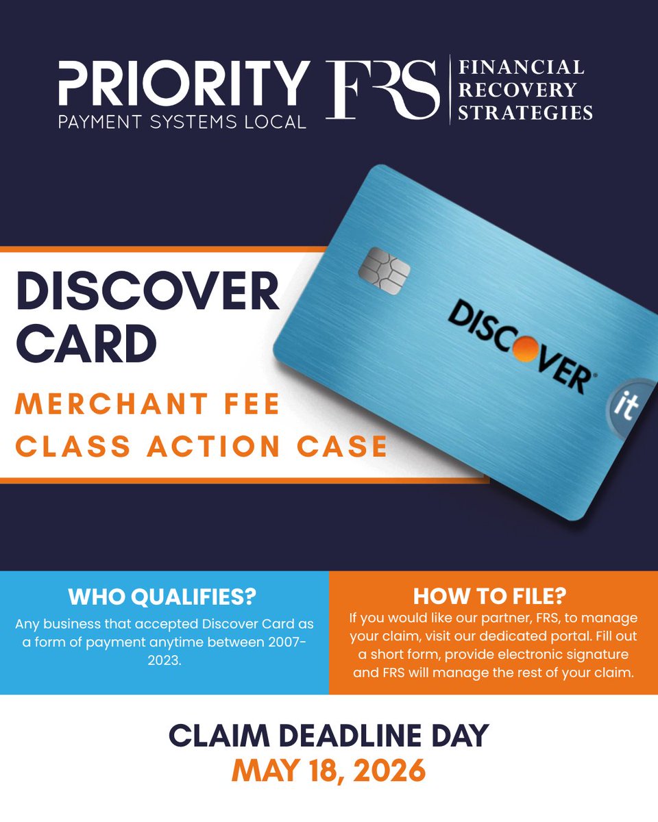 PPSLocal's tweet image. Last year was Visa/Mastercard — this one’s Discover.
Businesses that accepted Discover from 2007–2023 may be owed money.

Deadline: May 18, 2026.
💻 File your claim today — link in bio!

#PriorityPaymentsLocal #PPL #DiscoverCard #ClassAction #ClassActionLawsuit #Settlement