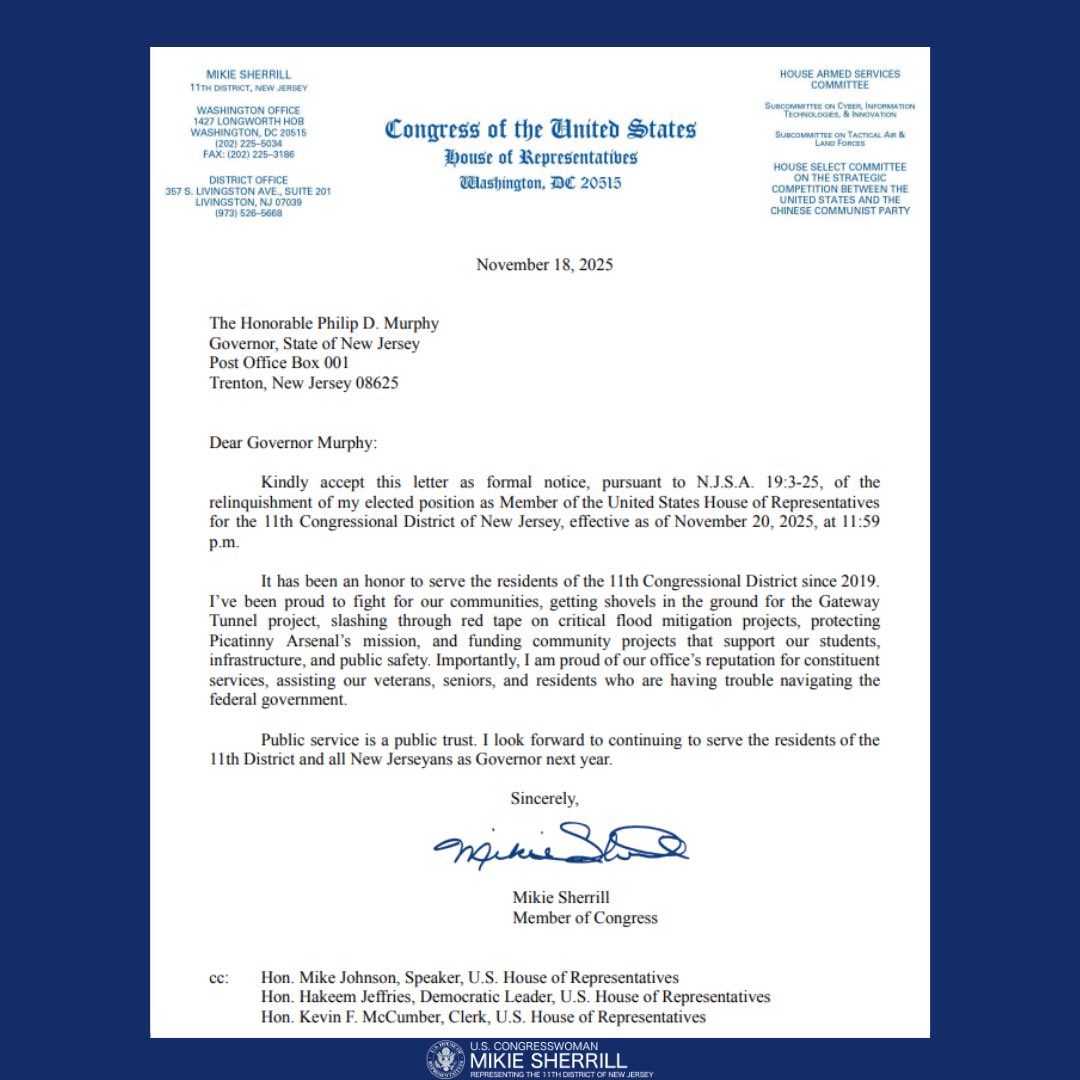 RepSherrill's tweet image. Serving New Jersey’s 11th District in Congress has been the honor of a lifetime. 

I will continue that service, focused on lowering costs and expanding opportunity, as your 57th Governor.