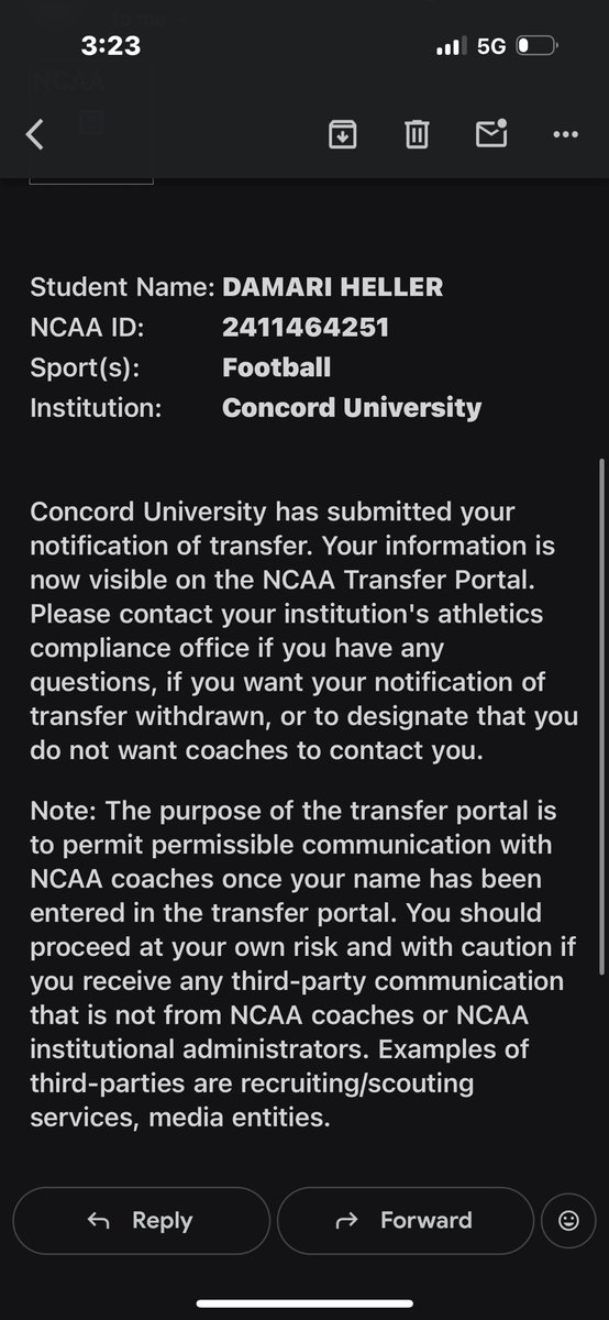 I want to thank the lord for allowing me to play this game that I love. Thankful to all the coaches and players at concord for accepting me in and allowing me to lead! With that being said I am officially entering the transfer portal with two years of eligibility left. #AGTG