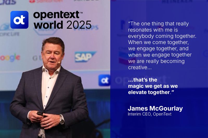 OpenText's tweet image. James McGourlay kicked off #OpenTextWorld 2025 with a powerful reminder of what happens when we come together. The creativity and energy in the room set the tone for an unforgettable week. 
 
If you missed today&apos;s keynote, be sure to join us tomorrow: bit.ly/4iqGpGh