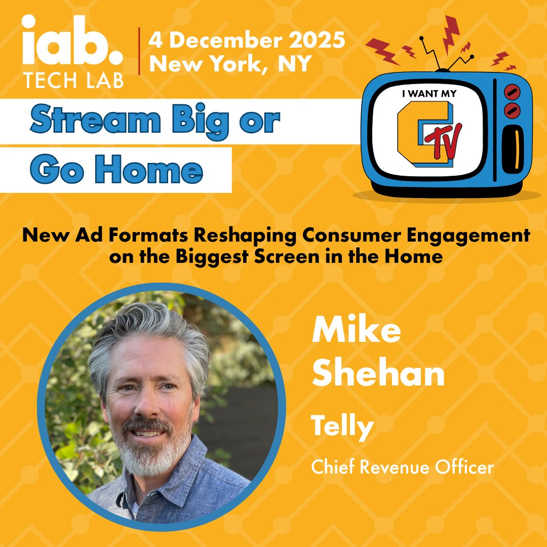 IABTechLab's tweet image. Get ready to rethink what’s possible on the biggest screen in the home! At #IABTechLab’s #IWantMyCTV event on December 4th in NYC @itsfreetelly’s Mike Shehan will be diving into the next generation of CTV ad formats! okt.to/YltxzQ