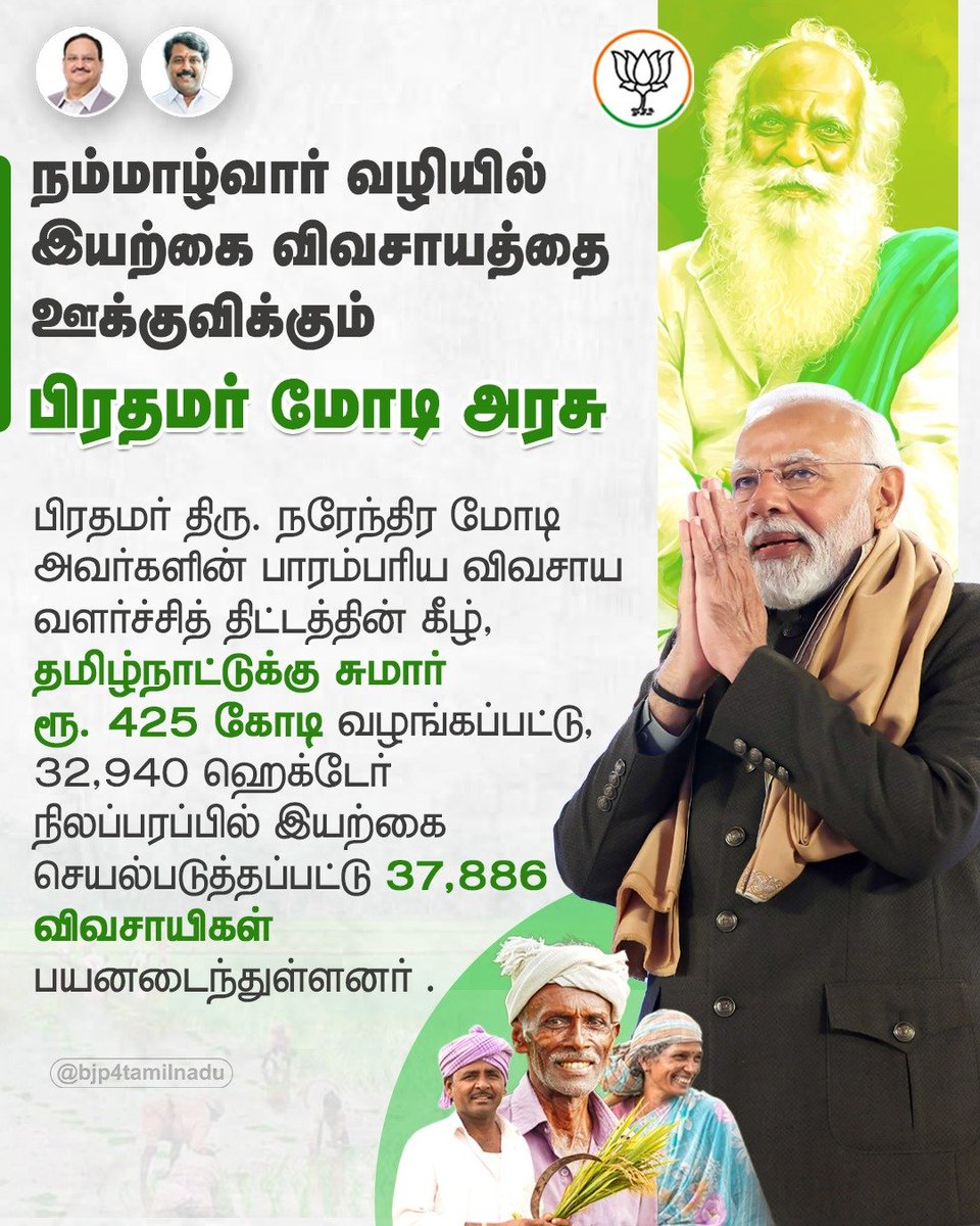 BJP4TamilNadu's tweet image. இயற்கை வேளாண் விஞ்ஞானி நம்மாழ்வார் வழியில் இயற்கை விவசாயத்தை ஊக்குவிக்கும் பிரதமர் திரு.@narendramodi அவர்கள் தலைமையிலான அரசின் பாரம்பரிய விவசாய வளர்ச்சி திட்டத்தின் கீழ் தமிழகத்தில் 37,886 விவசாயிகள் பயனடைந்துள்ளனர்..!

#VanakkamModi
