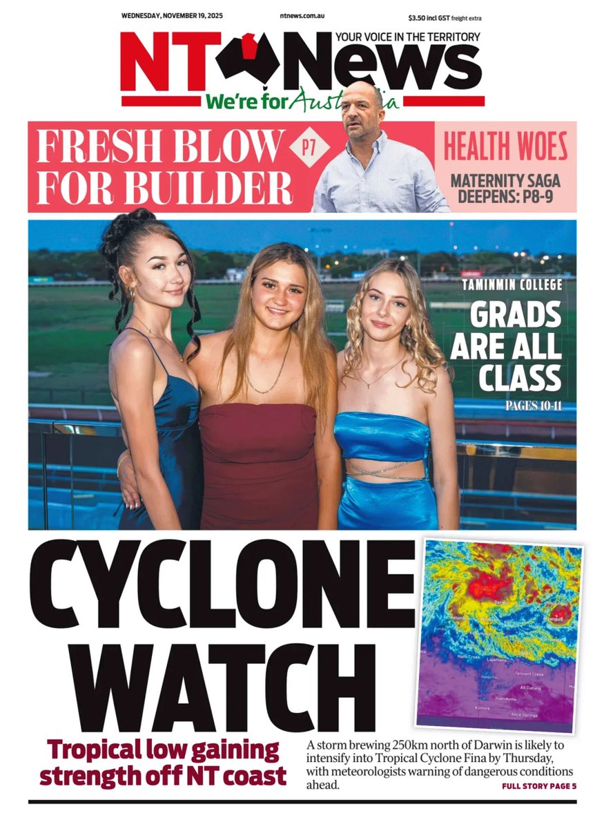 ukpapers's tweet photo. 🇦🇺 Cyclone Watch

▫Category two Tropical Cyclone Fina projected to hit Darwin with destructive winds and surge
▫Lottie Hood &amp; @thomasjmcleann
▫https://t.co/RRQXlnVz36

#frontpagestoday #Australia @TheNTNews https://t.co/tHIWeQidWM