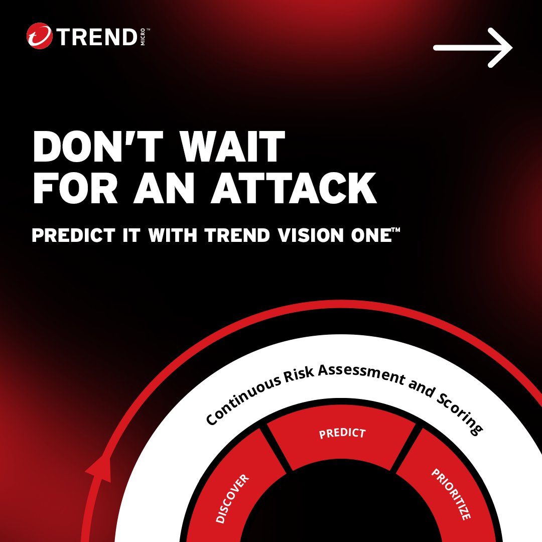 maddog27629870's tweet image. Shift from reactive to #ProactiveSecurity by anticipating threats and sealing off attack paths. 🛡️ 

Manage your attack surface risk with AI-powered risk management and @TrendMicro Vision One™.
 
See how to take control at trendmicro.com/crem