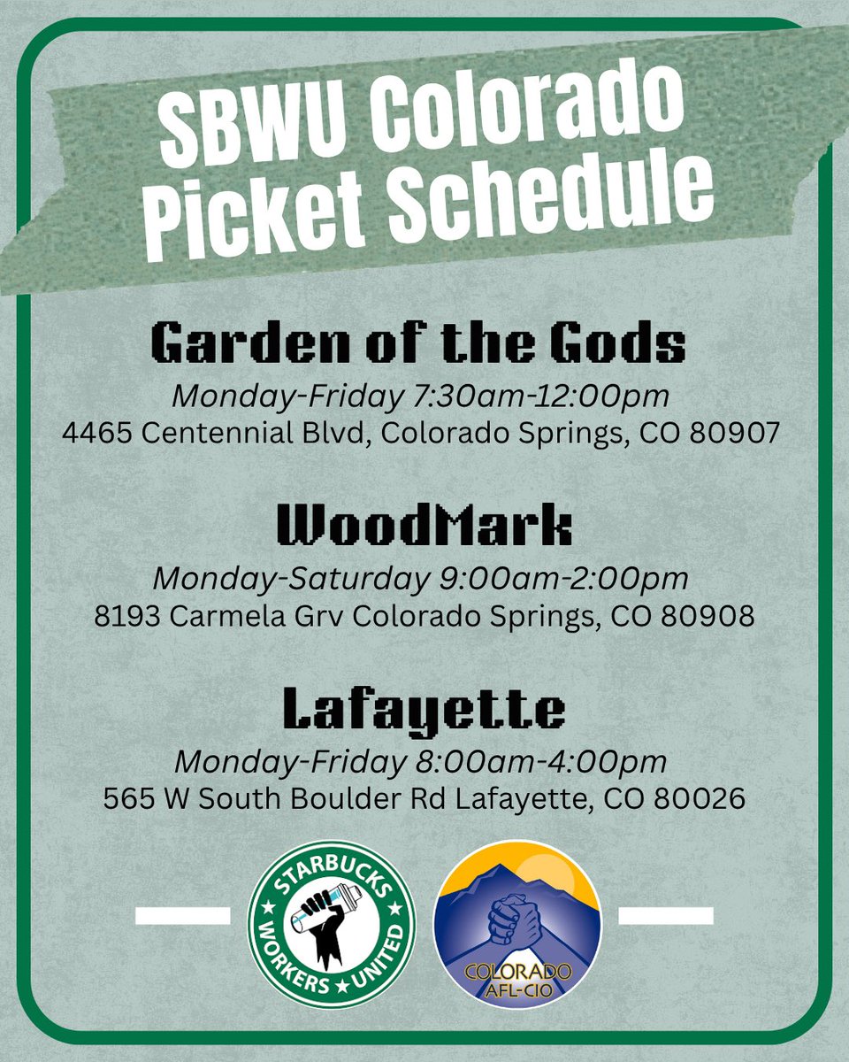 What you’ve been waiting for 👀 See where and when to come out and support <a href="/SBWorkersUnited/">Starbucks Workers United</a> Colorado workers! See you in the picket line ✊
