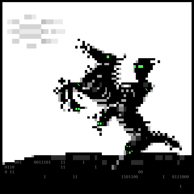 mistfunk's tweet image. Mistigram: this gaunt steed may only represent a hacker conveying himself through cyberspace (hence the ones and zeroes, and the accents in terminal green), but we felt that @mavenmob&apos;s #ANSIart scene was creepy enough to warrant inclusion in last month&apos;s spooky MIST1025 artpack.