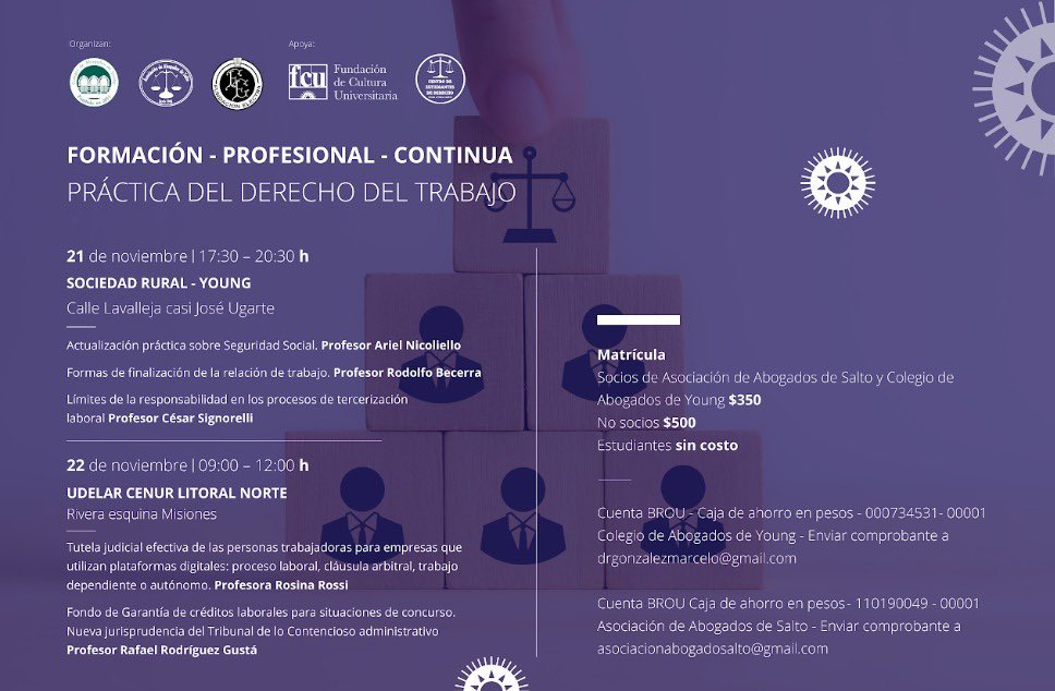 FElectra's tweet image. La FUNDACION ELECTRA inicia su programa de Formación Profesional Continua:
“PRÁCTICA DEL DERECHO DEL TRABAJO”
Los esperamos en YOUNG y SALTO el 21 y 22 de noviembre! 👇🏼