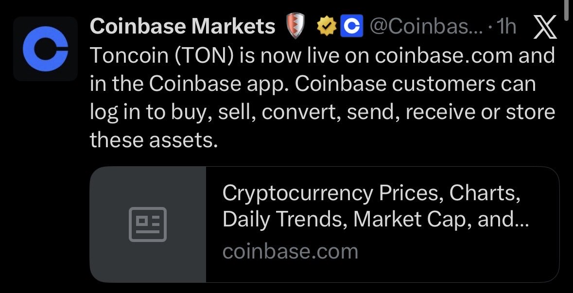 Big New 👏👏 : TON now live on <a href="/coinbase/">Coinbase 🛡️</a> 

The journey to the moon starts 🚀🚀