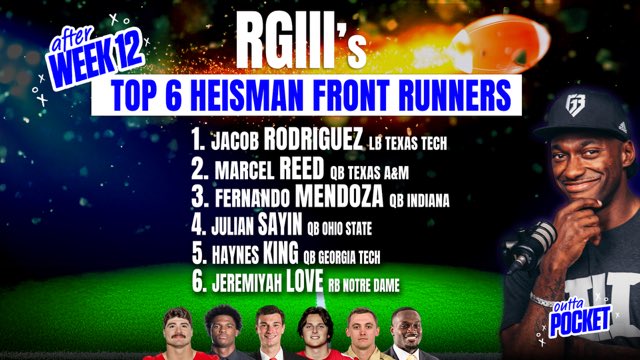 Top 6 Heisman Front Runners after Week 12

1. Jacob Rodriguez LB Texas Tech 
2. Marcel Reed QB Texas A&amp;M 
3. Fernando Mendoza QB Indiana
4. Julian Sayin QB Ohio State
5. Haynes King QB Georgia Tech
6. Jeremiyah Love RB Notre Dame