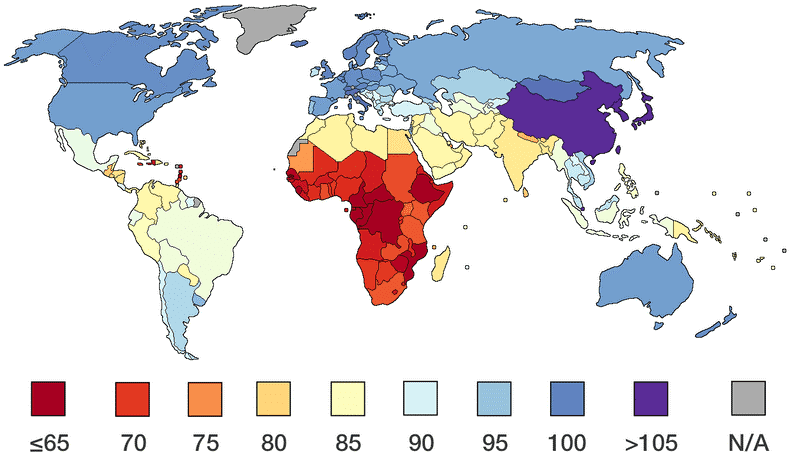 RealJarTaylor's tweet image. Average IQ of each nation. But race is a meaningless social construct.
