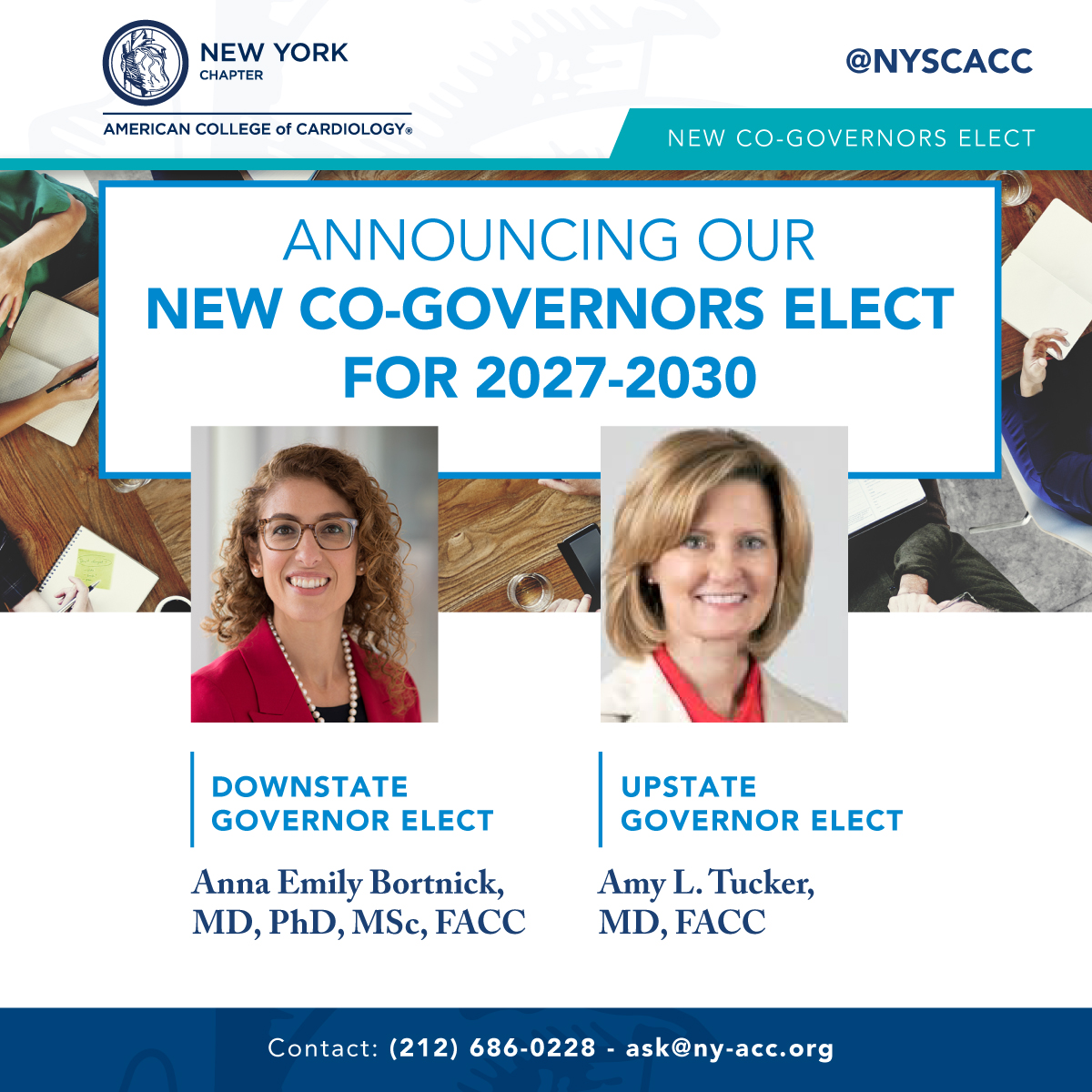 NYSCACC's tweet image. We are thrilled to announce our newly selected NYACC Governors! Join us in congratulating @anna_bortnick and Dr. Amy Tucker on their election as co-Governors for the 2027–2030 term. We look forward to their leadership in advancing cardiovascular care, advocacy, and professional…