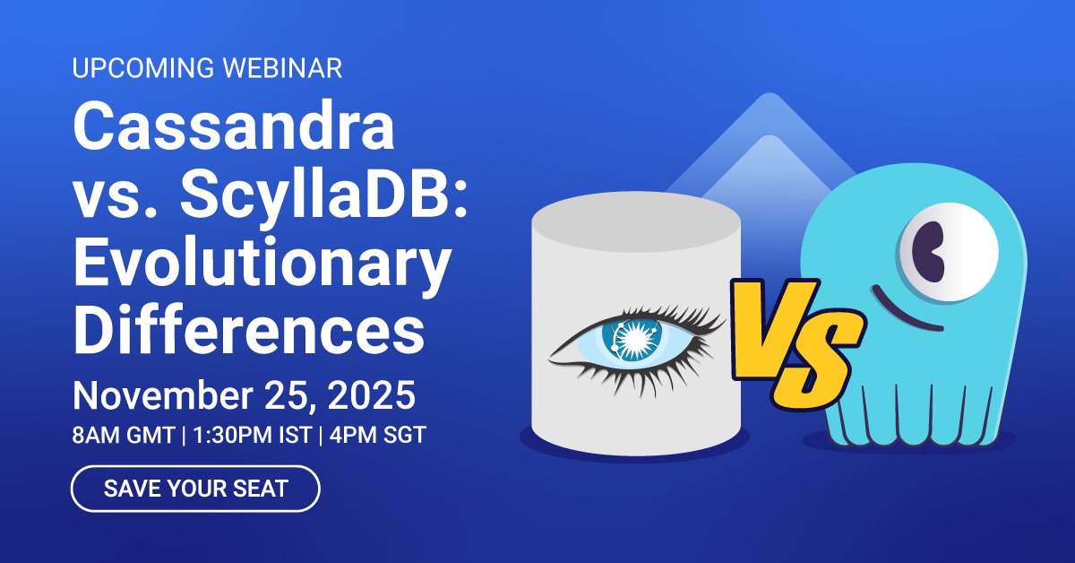 ScyllaDB's tweet image. On November 25, our technical engineers will conduct a side-by-side analysis of the key differences between Cassandra and #ScyllaDB, and what to look for if you work on high-performance databases. Save your spot for free here &amp;gt; ow.ly/AUqE50XtsP9