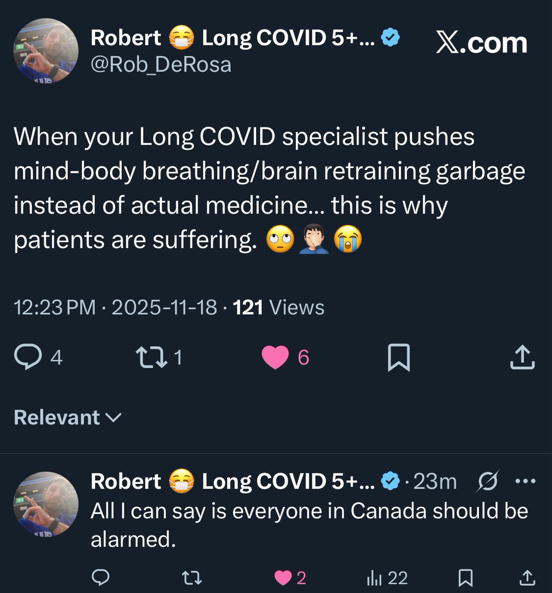 arianek's tweet image. Screenshot QT’ing this so you can see both @Rob_DeRosa’s posts at once because 🔥🔥🔥.

Canadian post-viral and complex illness patients deserve better than this pseudoscientific garbage. REAL CARE NOW!

#Care4ComplexCanada #CdnHealth