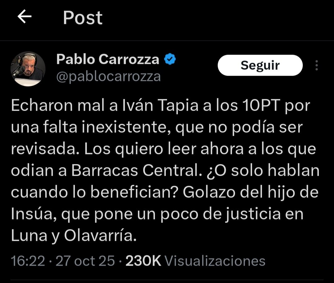 2019. Cuando Tapia cuestionaba un arbitraje de Copa América, <a href="/pablocarrozza/">Pablo Carrozza</a> se hacía eco y coincidía "en todo".

2025. Cuando los hinchas alzamos la voz por los constantes escándalos, la cosa cambia. Se hace el boludo, salvo que el "perjudicado" sea Barracas, por supuesto.

Asco.