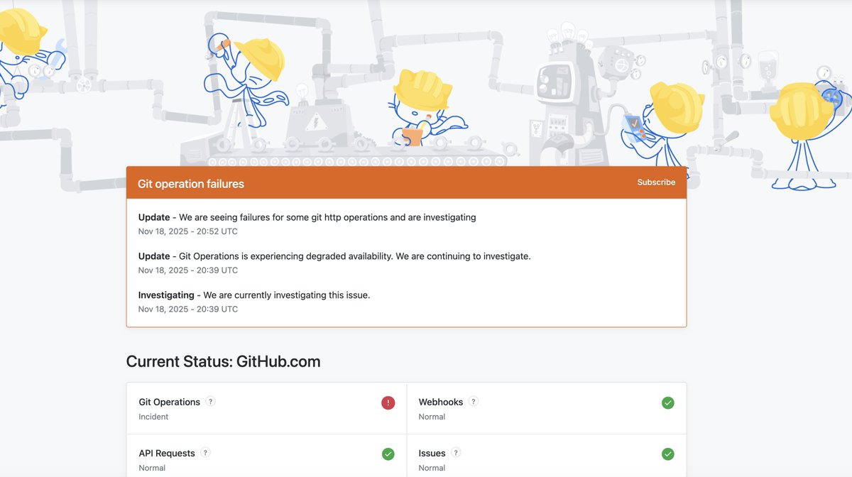 Après #cloudflare c'est #GitHub qui est down, c'est terrible je vais devoir faire autre chose que dev.