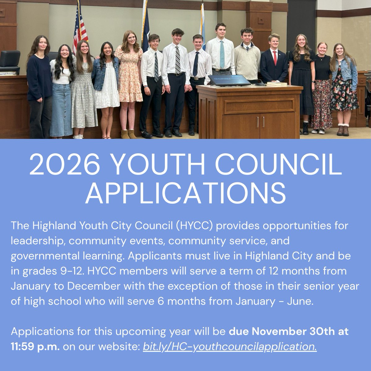 Want to join the Highland Youth City Council?

Applications for this upcoming year will be due November 30th at 11:59 p.m. on our website: bit.ly/HC-youthcounci….