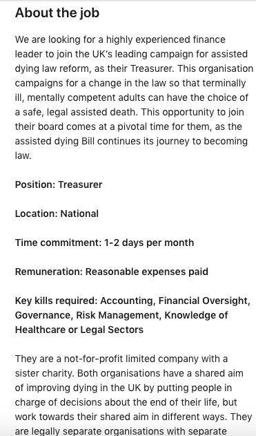 ddhitchens's tweet photo. Dignity in Dying are looking for a new Treasurer. Certainly no intention of disbanding if the bill passes:

“With the organisation likely to see huge cultural and legal shifts...all Board members need to be innovative in their approach to help build sustainable funding stream.” https://t.co/334CY3NbbQ