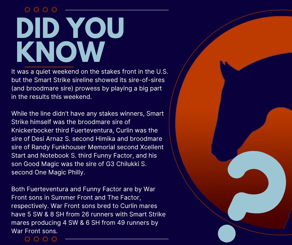 PyroisMedia's tweet image. This weekend didn't have many stakes races, but it shined a bright light on a cross that is striking at 18.67% SH/rnrs and 12% SW/rnrs  - War Front sons bred to Curlin &amp;amp; Smart Strike mares.

WF himself also has 4 SH from 28 runners o/o Smart Strike mares, led by G1W Peace &amp;amp; War.