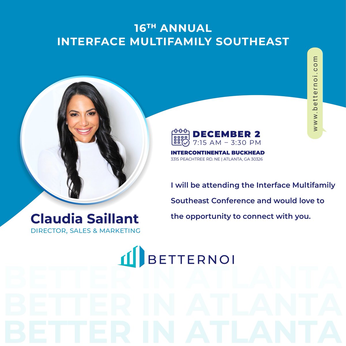 RealBetterNOI's tweet photo. I will be attending the 16th Annual InterFace Conference Group. Let's connect!

Claudia Saillant
csaillant@betternoi.com
754.299.0583

#BetterNOI #Multifamily #InterfaceConference #Atlanta #PropertyManagement #ResidentExperience https://t.co/Hy0i1us0s3
