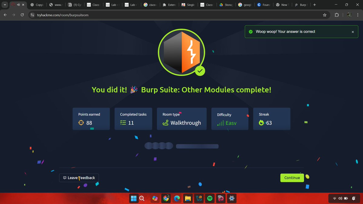 Becoming a Security Researcher with <a href="/4osp3l/">Gospel</a> as my mentor — Day 33

- Finished the Burp Suite: Other Modules room on TryHackMe. Learned how to use the decoder/encoder tools, comparer, sequencer, and the organizer efficiently.
