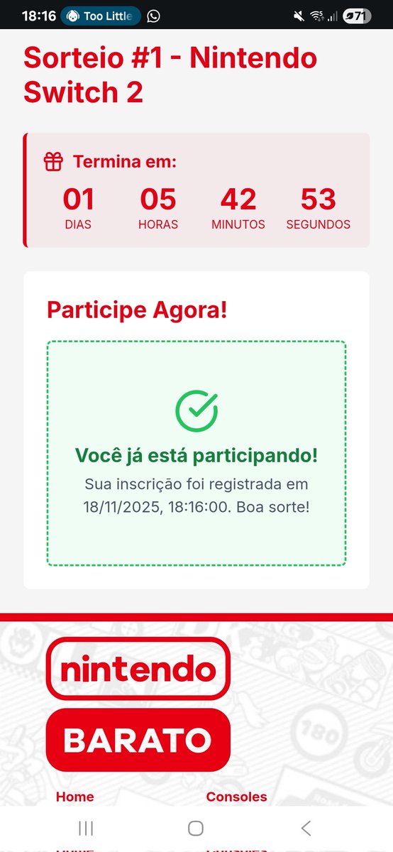 Galera eu to nos grupos do NintendoBarato para economizar com jogos da nintendo e pra participando de sorteios como esse do switch 2! #NintendoBarato #NintendoBarato