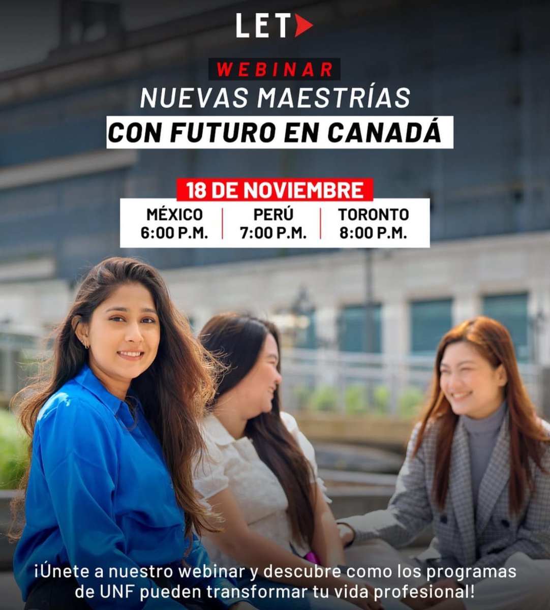 COMCE_Sur's tweet image. ✨ Les invitamos a unirse al webinar “Nuevas Maestrías con Futuro en Canadá” este 18 de noviembre a las 6:00 p.m.

Si están buscando opciones reales para impulsar su carrera profesional, este webinar es para ustedes. 🙌✨
Descubrirán programas innovadores de UNF, oportunidades de…
