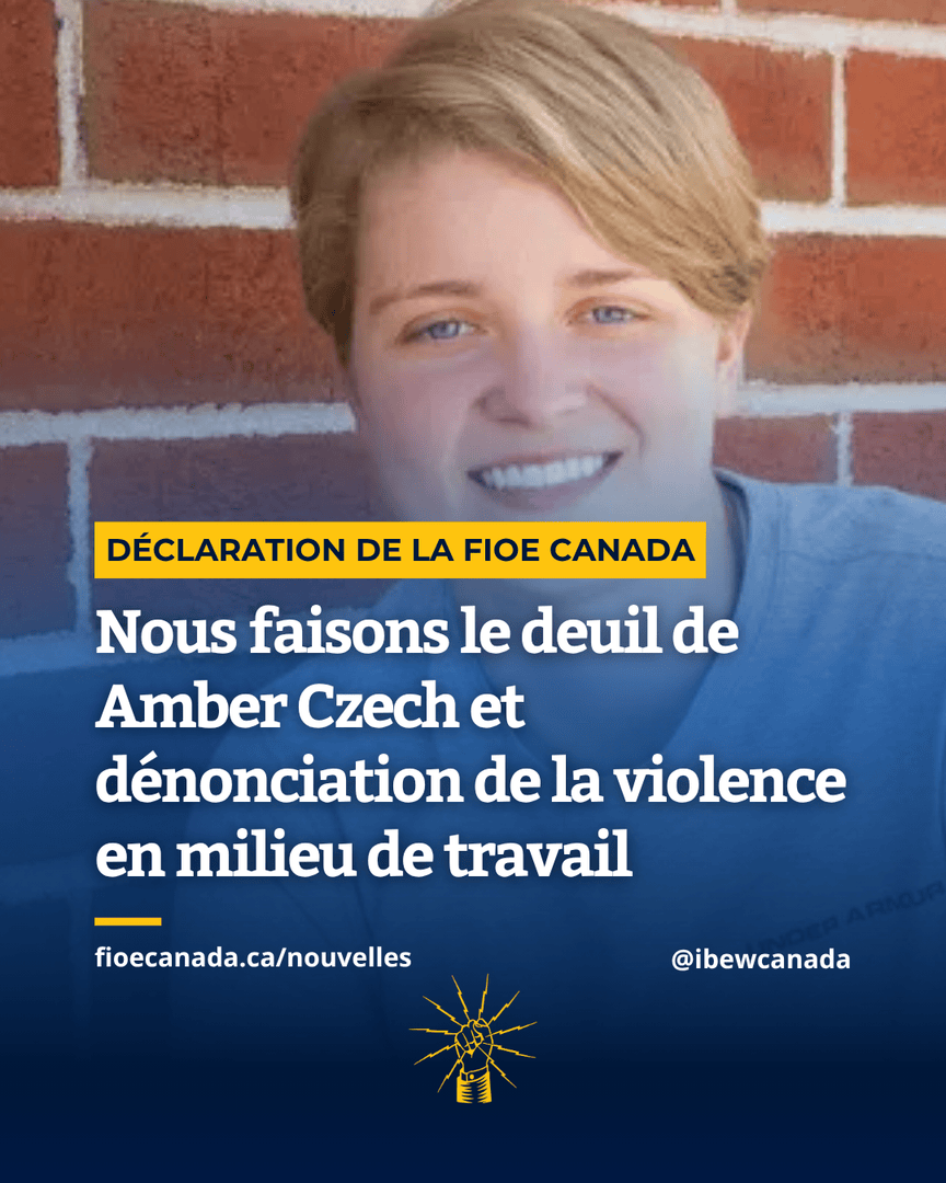 IBEWCanada's tweet photo. La FIOE Canada pleure la perte tragique de Amber Czech, une soudeuse âgée de 20 ans qui a été tuée au travail. Nous offrons notre solidarité à sa famille, à ses proches et à sa communauté en deuil.

La violence n’a pas sa place dans aucun milieu de travail https://t.co/aJHATSZxK0 https://t.co/NXLqeNM30c