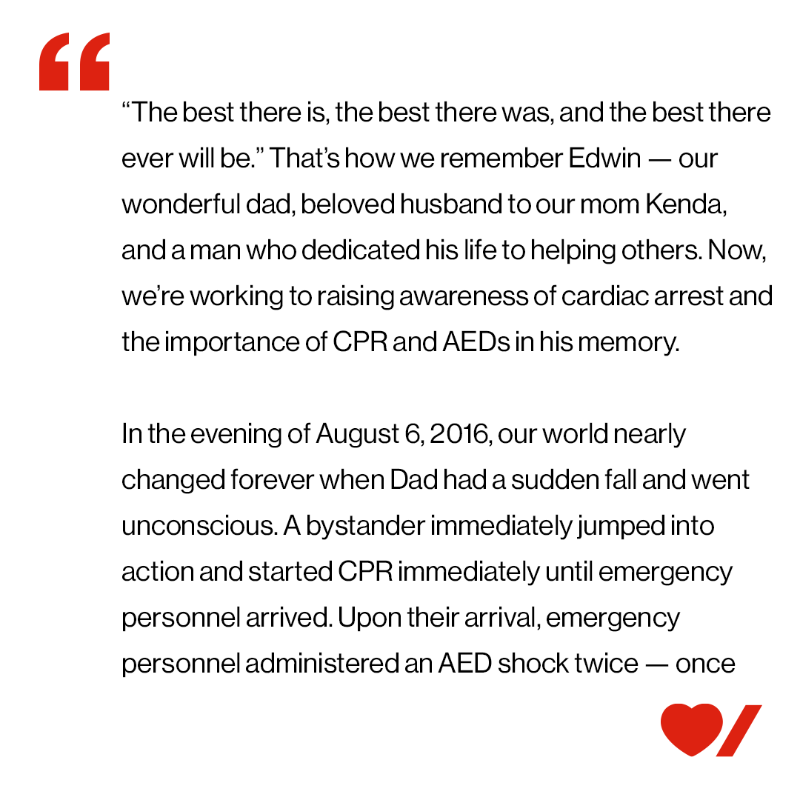 HeartandStroke's tweet photo. Madison and Keegan’s father, Edwin, was their hero. 
They never imagined losing him so suddenly to cardiac arrest. Now, they’re working to #BeatCardiacArrest. 
Swipe to read their story, this #CPRMonth.