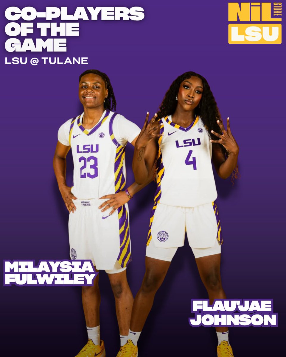 LSUNILStore's tweet image. Flau'jae Johnson &amp;amp; Milaysia Fulwiley combined for 42 points in the win against Tulane ⭐️⭐️

Last night was the tigers 5th straight 100+ point win!!
🔗: nil.store/lsu
#geauxtigers