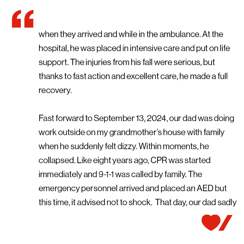 HeartandStroke's tweet photo. Madison and Keegan’s father, Edwin, was their hero. 
They never imagined losing him so suddenly to cardiac arrest. Now, they’re working to #BeatCardiacArrest. 
Swipe to read their story, this #CPRMonth.