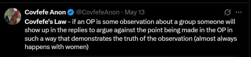 CovfefeAnon's tweet image. Covfefe&apos;s law in the replies

OP - &quot;people will make up excuses for women, no matter how stupid that makes them look&quot;

This guy - &amp;lt;makes up an excuse for a woman, no matter how stupid it makes him look&amp;gt;

She *specifically requested permission* to use visual separation